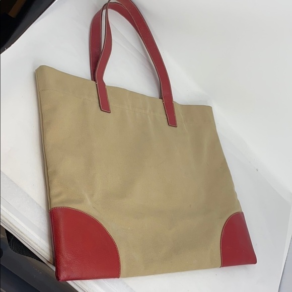 Prada Large Beige Canvas Red Leather Shoulder Tote - Picture 4 of 15